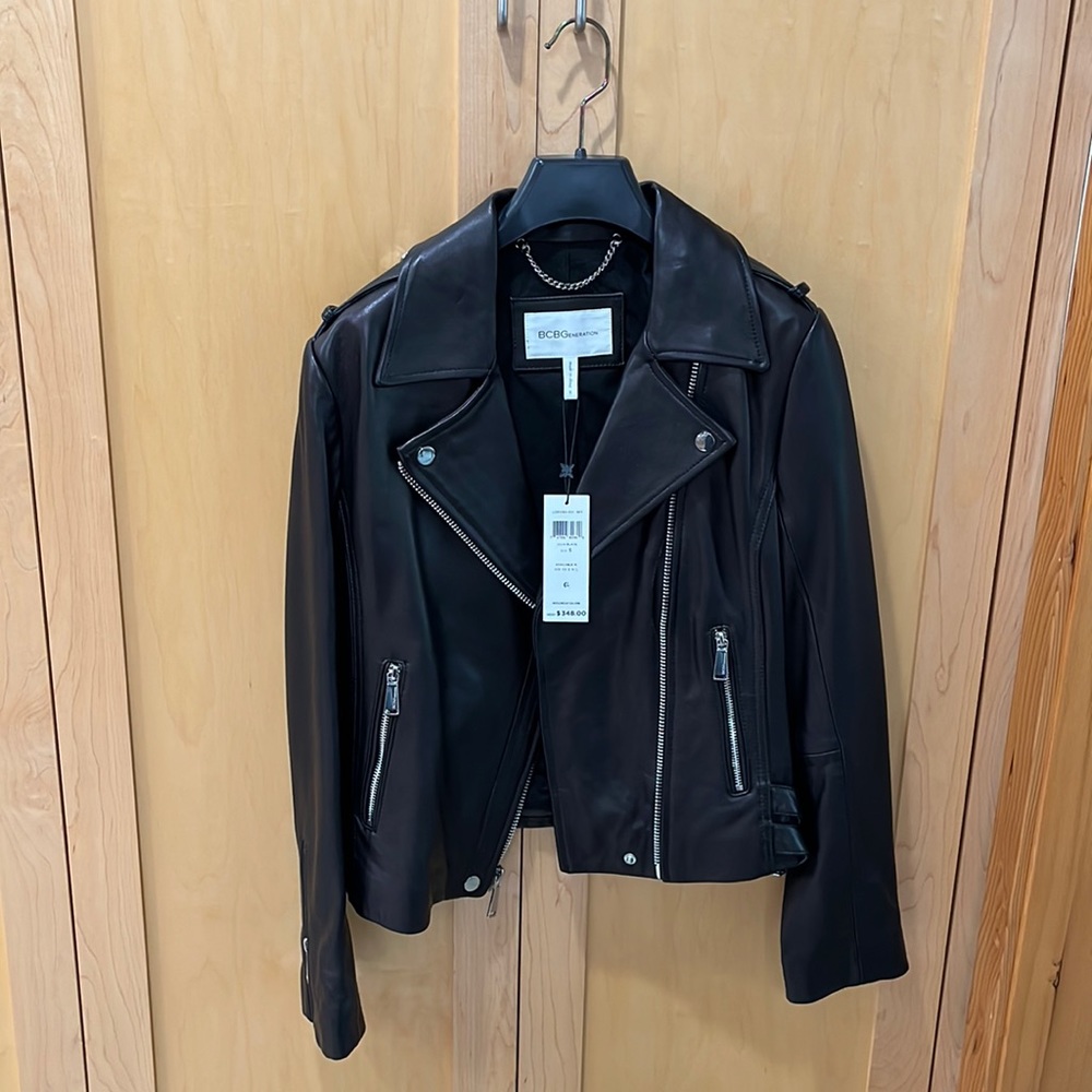 BCBG NWT Black Leather Moto Jacket. Size S. Never worn
